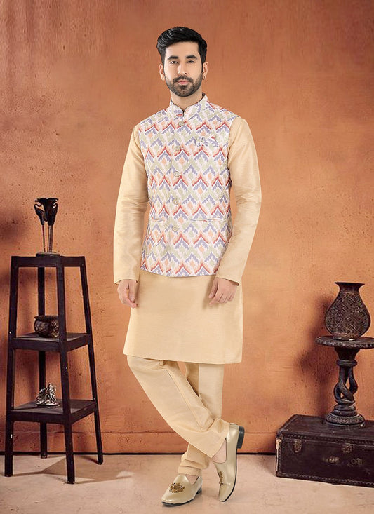 Embroidered Silk Cream, Multi Colour Kurta Payjama With Jacket - M8133