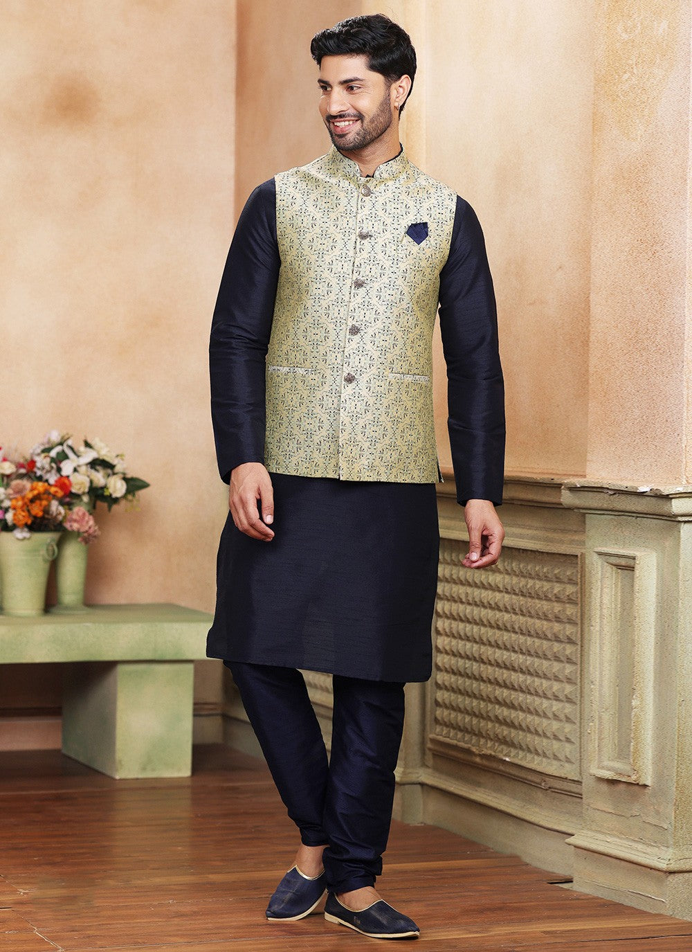 Embroidered Banarasi Jacquard Cream, Navy Blue Kurta Payjama With Jacket - M5239