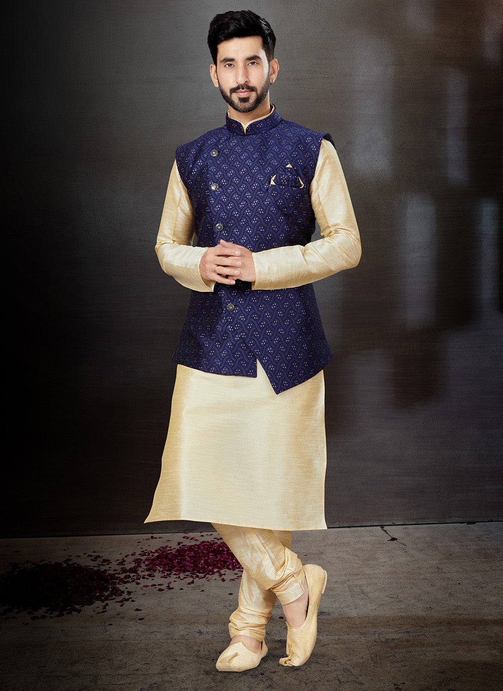 Embroidered Dupion Silk, Jacquard Cream, Navy Blue Kurta Payjama With Jacket - M4772