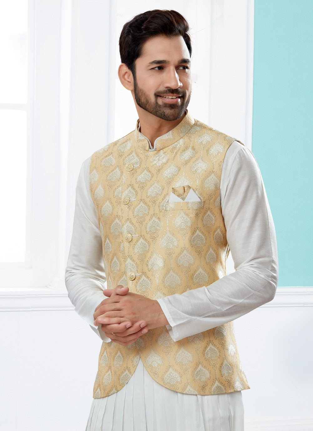 Jacquard Work Banarasi Silk, Dupion Silk Cream, Off White Indo Western - M4037