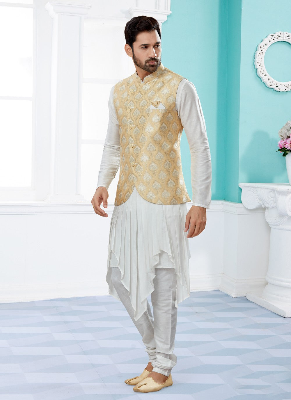 Jacquard Work Banarasi Silk, Dupion Silk Cream, Off White Indo Western - M4037