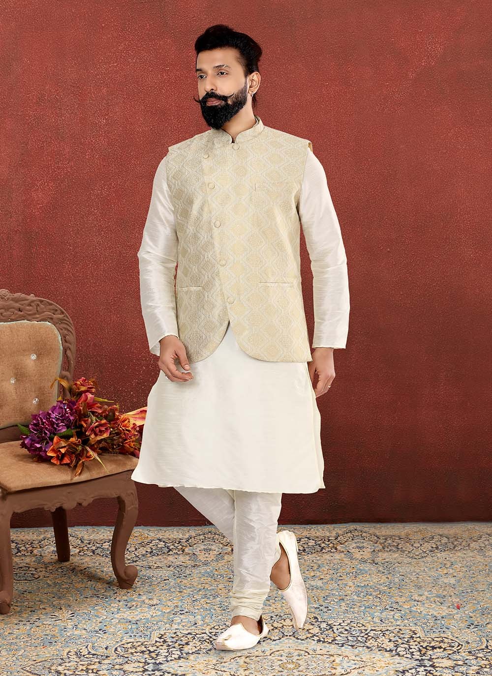 Jacquard Work Jacquard Silk Cream, Off White Kurta Payjama With Jacket - M2570