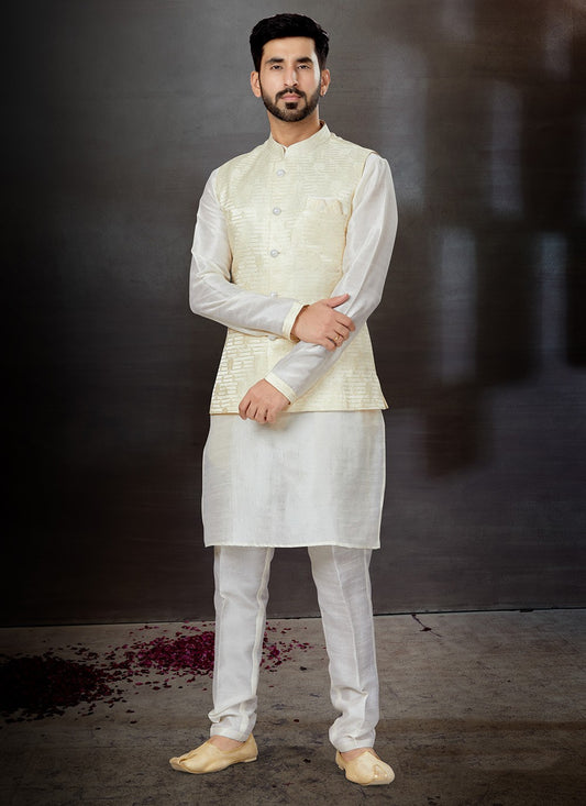 Embroidered Dupion Silk, Jacquard Cream, Off White Kurta Payjama With Jacket - M4762