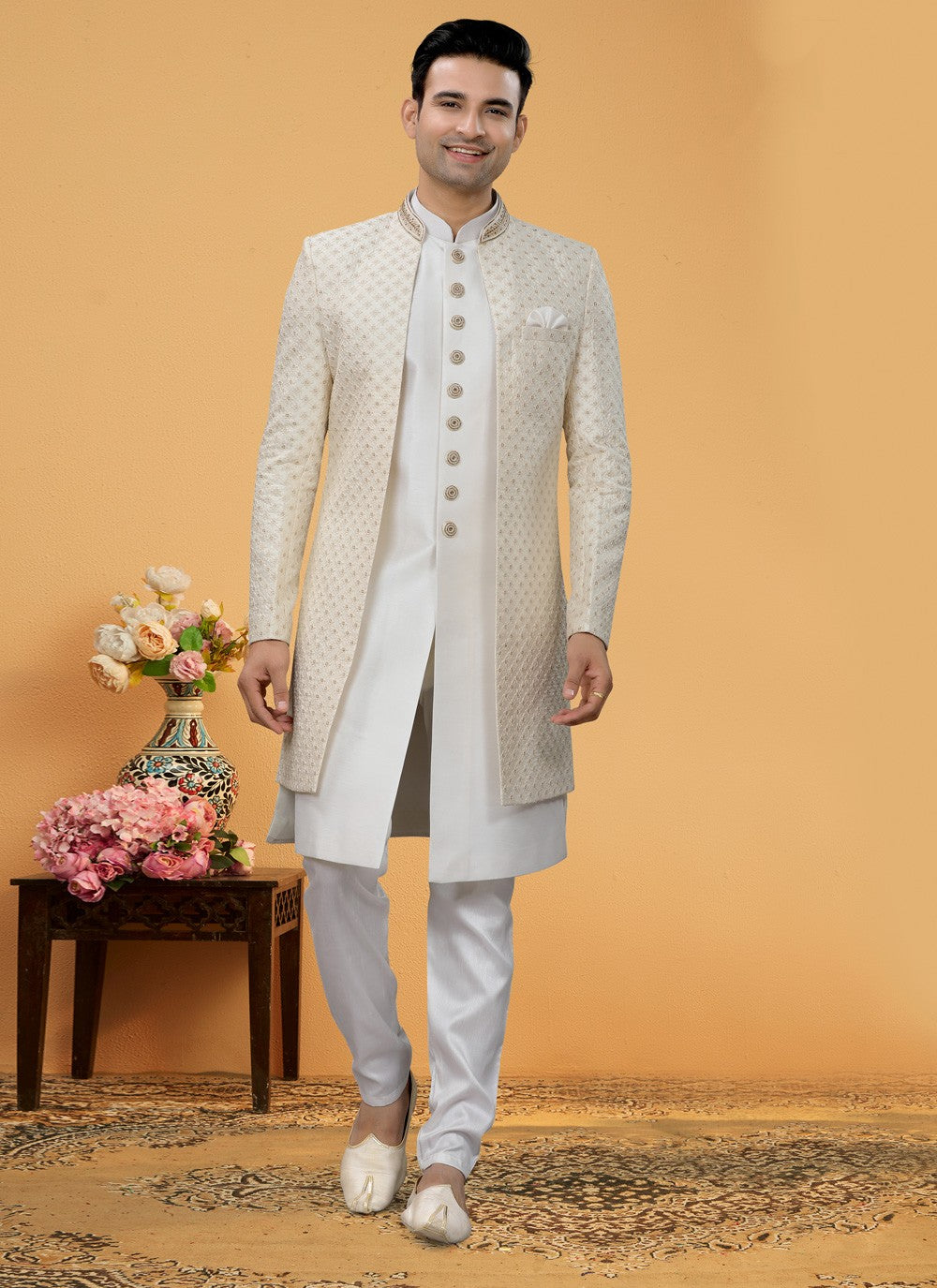 Hand Embroidery Art Silk Cream, Off White Indo Western Sherwani - M5109