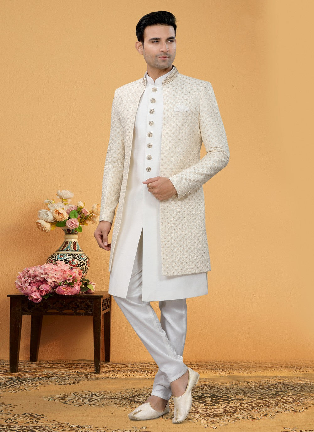 Hand Embroidery Art Silk Cream, Off White Indo Western Sherwani - M5109