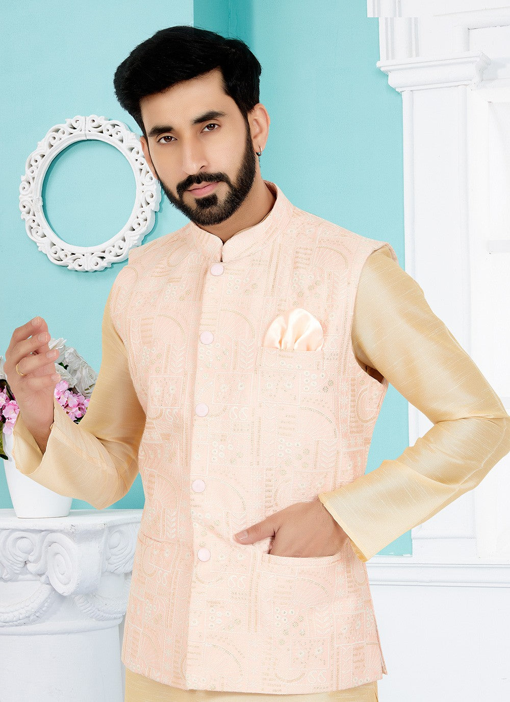 Fancy Work Banarasi Silk Cream, Peach Kurta Payjama With Jacket - M5332