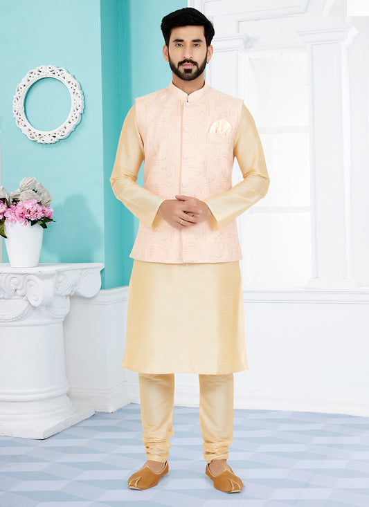 Fancy Work Banarasi Silk Cream, Peach Kurta Payjama With Jacket - M5332