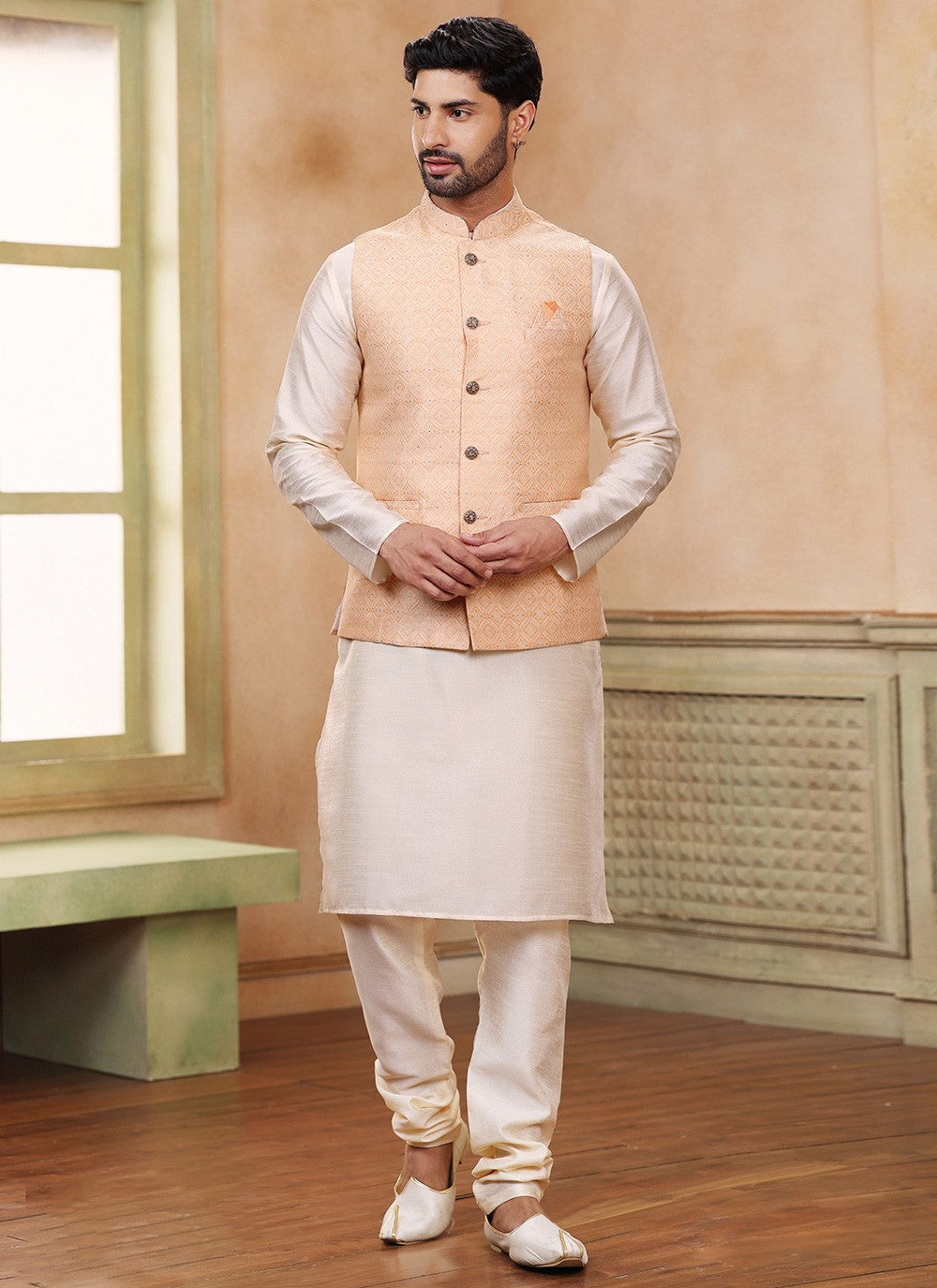 Embroidered Banarasi Jacquard Cream, Peach Kurta Payjama With Jacket - M5234