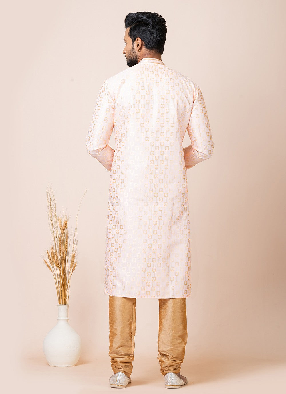 Jacquard Work Silk Cream, Peach Kurta Pyjama - M7520