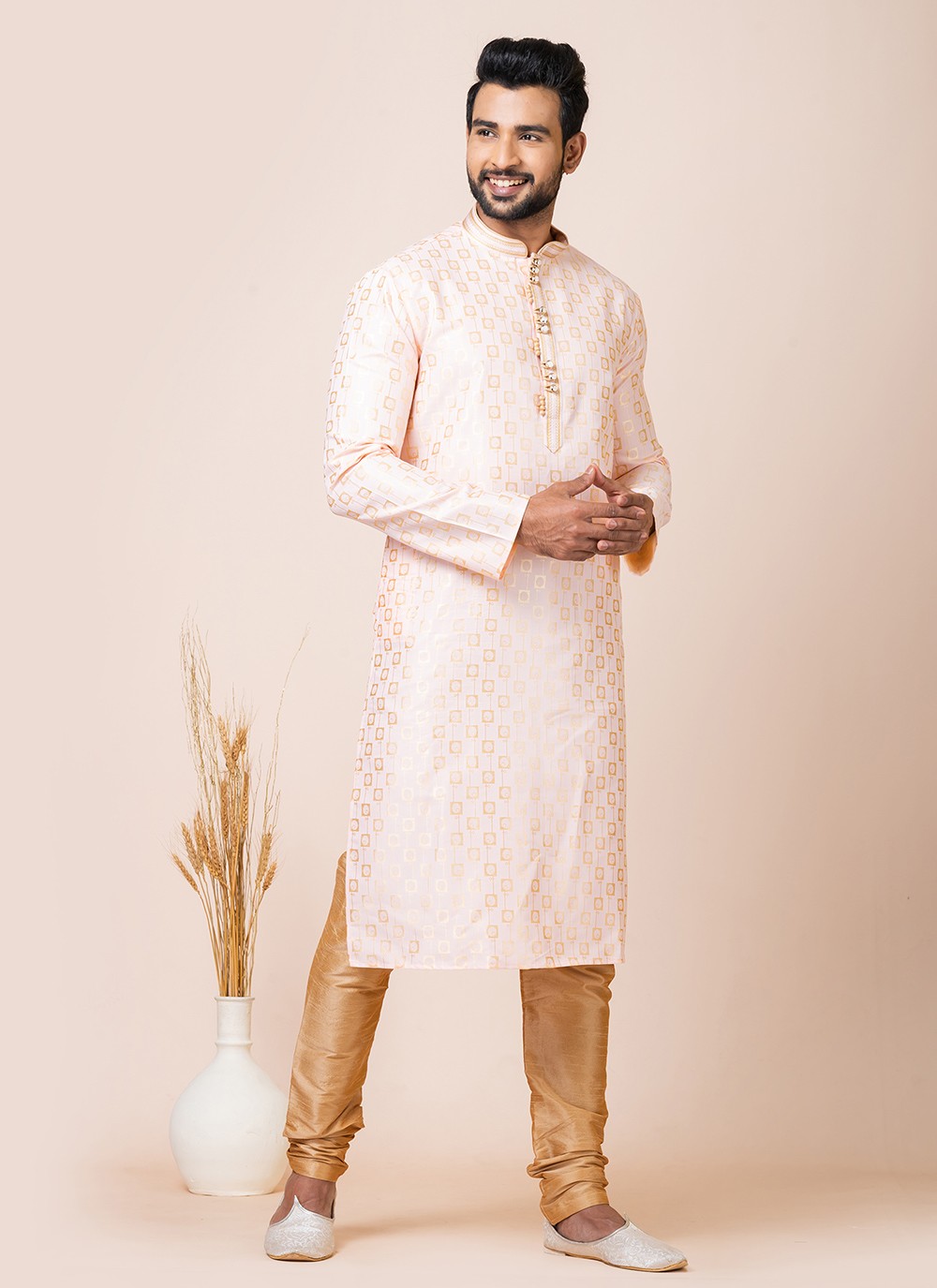 Jacquard Work Silk Cream, Peach Kurta Pyjama - M7520