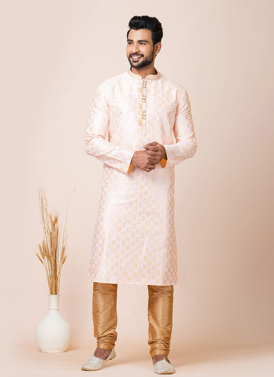 Jacquard Work Silk Cream, Peach Kurta Pyjama - M7520