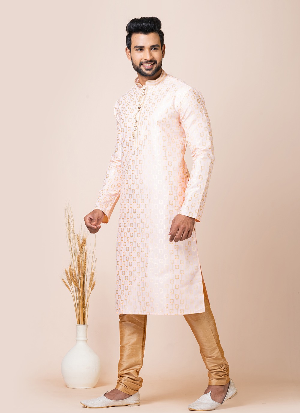 Jacquard Work Silk Cream, Peach Kurta Pyjama - M7520