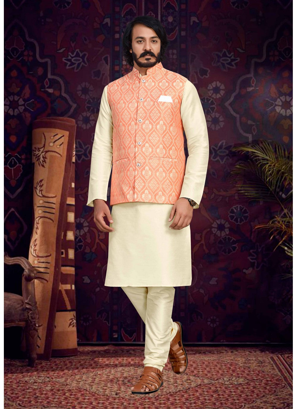 Fancy Work Art Silk, Jacquard Cream, Peach Kurta Payjama With Jacket - M4011