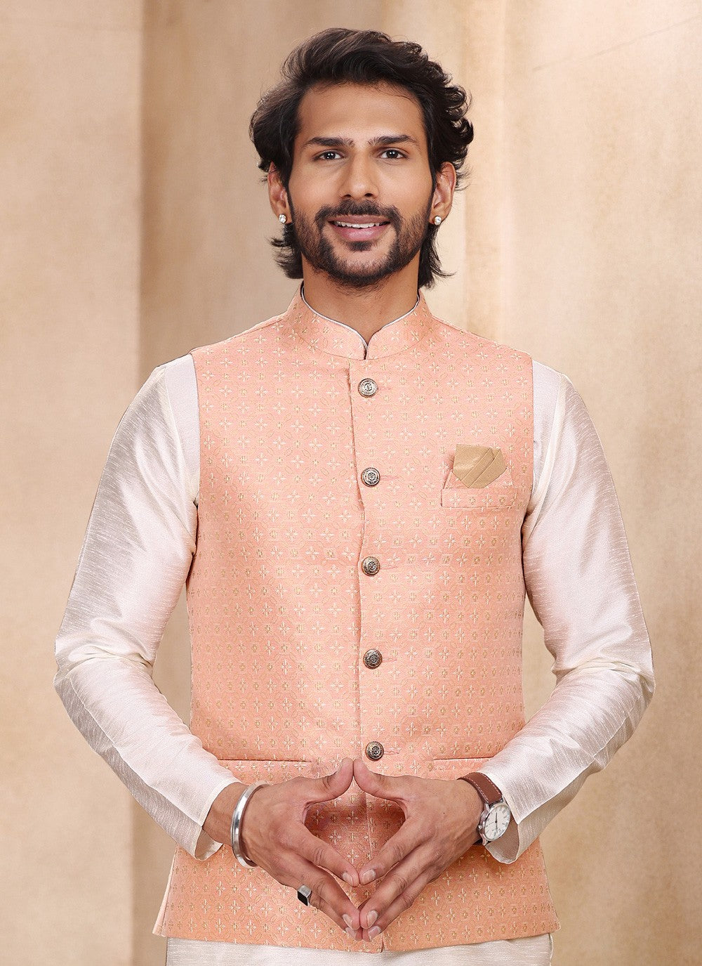 Fancy Work Jacquard Silk Cream, Peach Kurta Payjama With Jacket - M5199