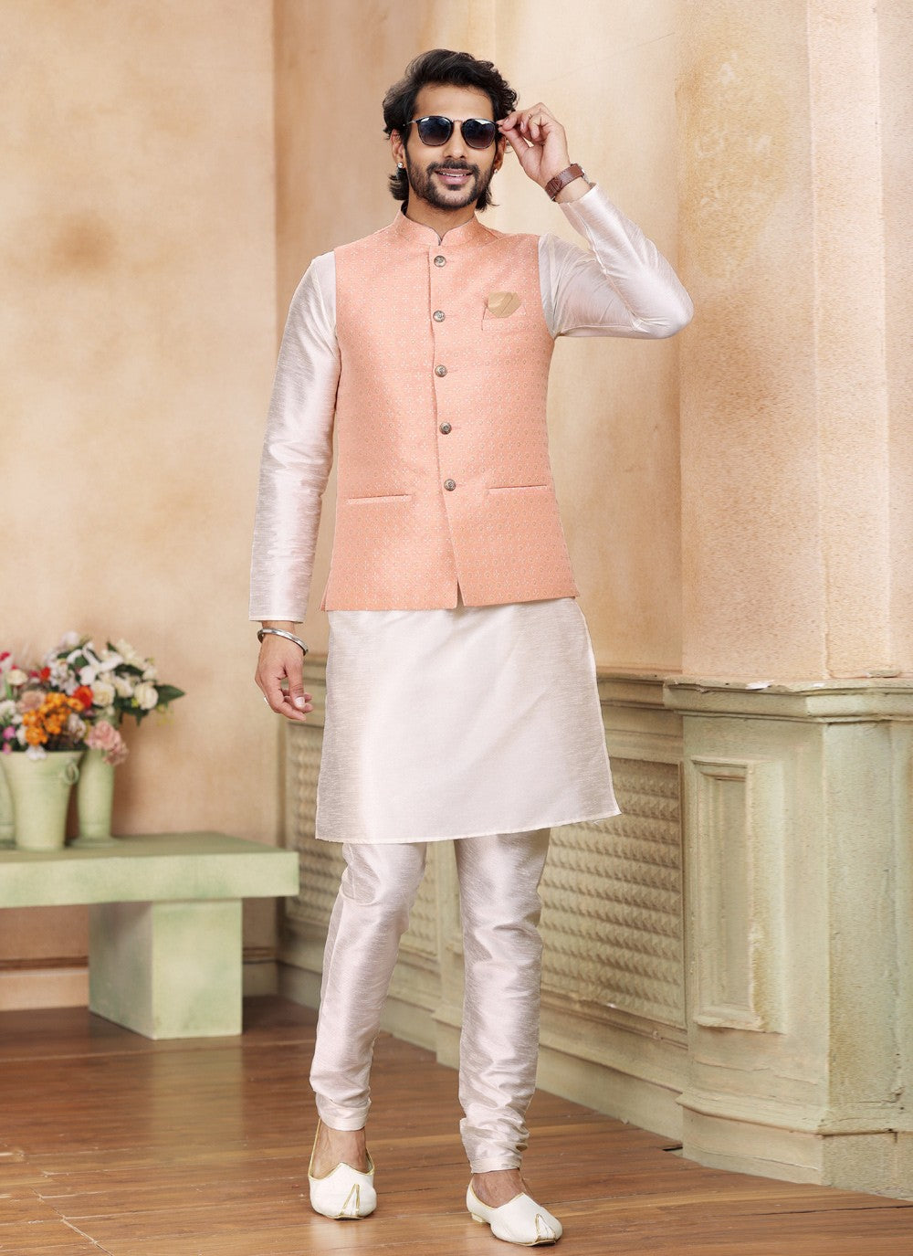 Fancy Work Jacquard Silk Cream, Peach Kurta Payjama With Jacket - M5199