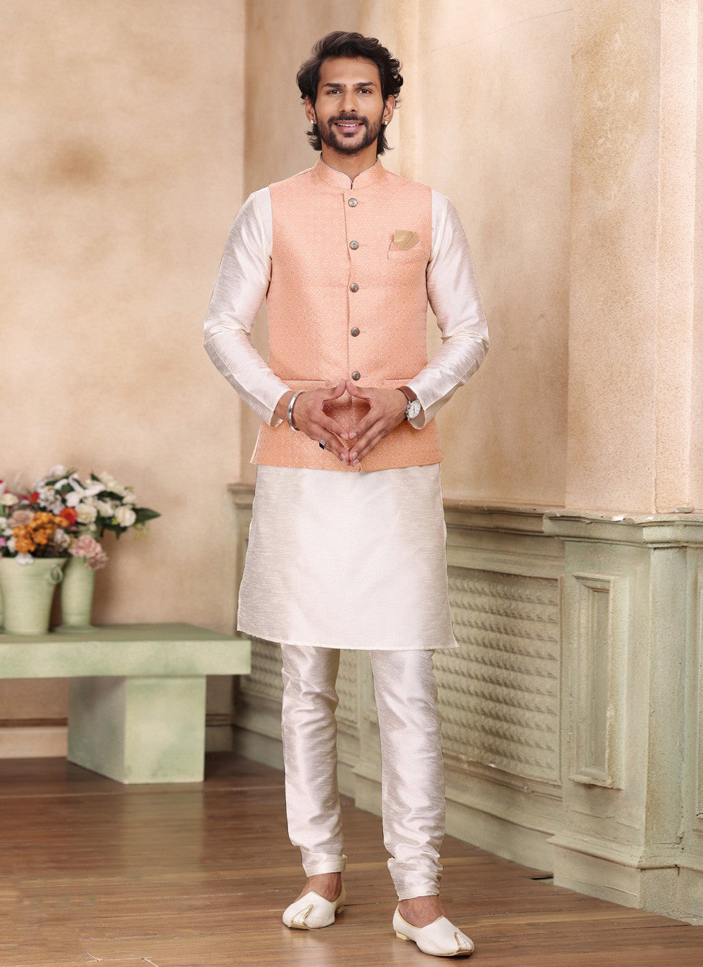 Fancy Work Jacquard Silk Cream, Peach Kurta Payjama With Jacket - M5199