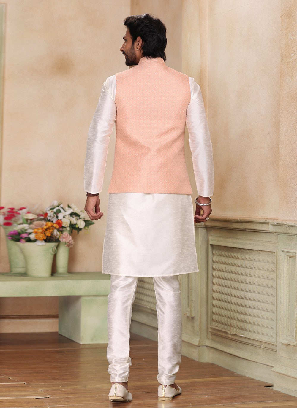 Fancy Work Jacquard Silk Cream, Peach Kurta Payjama With Jacket - M5199