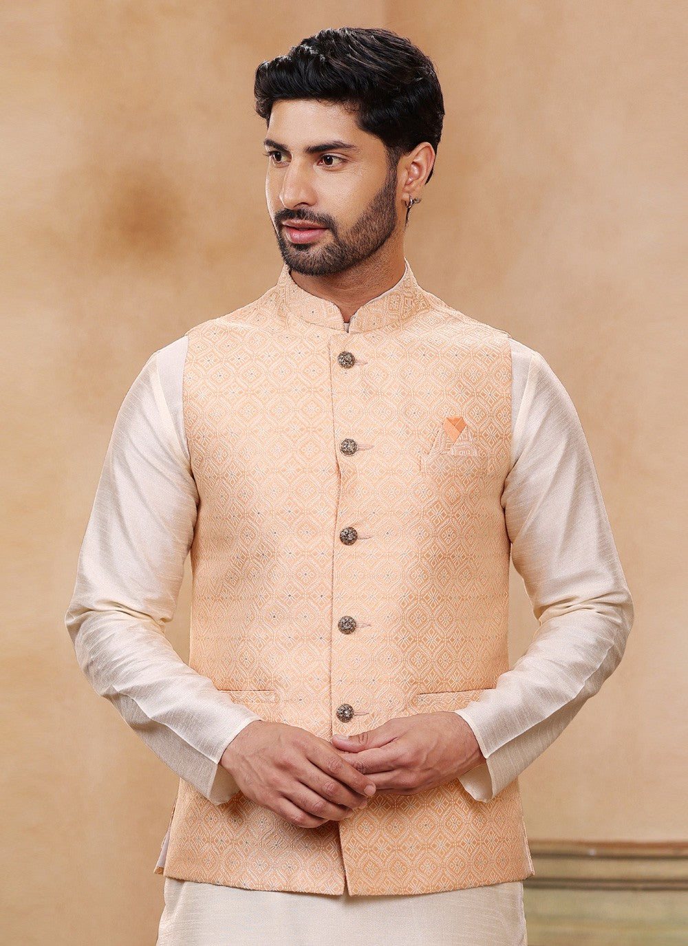 Fancy Work Jacquard Silk Cream, Peach Kurta Payjama With Jacket - M5196