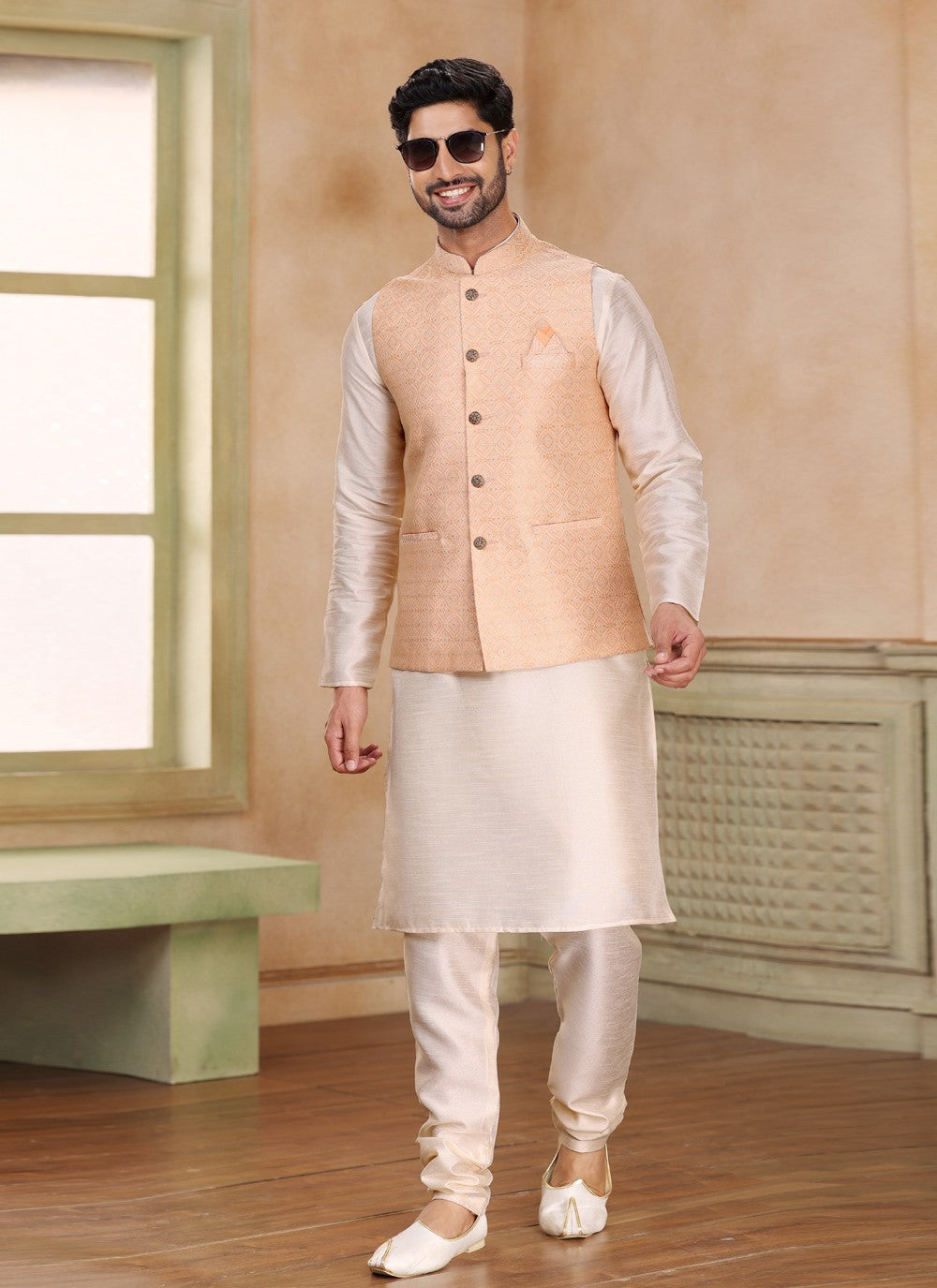 Fancy Work Jacquard Silk Cream, Peach Kurta Payjama With Jacket - M5196