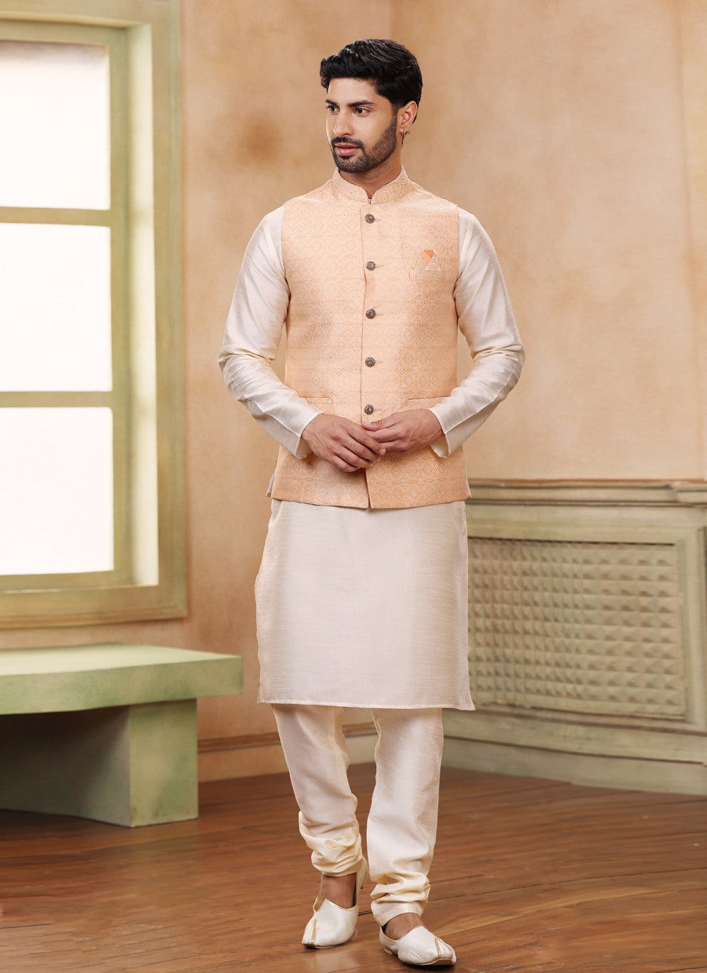 Fancy Work Jacquard Silk Cream, Peach Kurta Payjama With Jacket - M5196