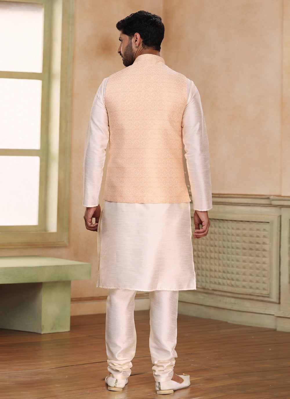 Fancy Work Jacquard Silk Cream, Peach Kurta Payjama With Jacket - M5196