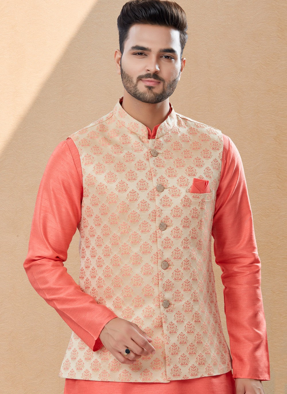 Jacquard Work Banarasi Silk, Dupion Silk Cream, Peach Kurta Payjama With Jacket - M4022