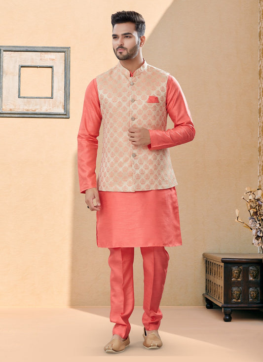 Jacquard Work Banarasi Silk, Dupion Silk Cream, Peach Kurta Payjama With Jacket - M4022