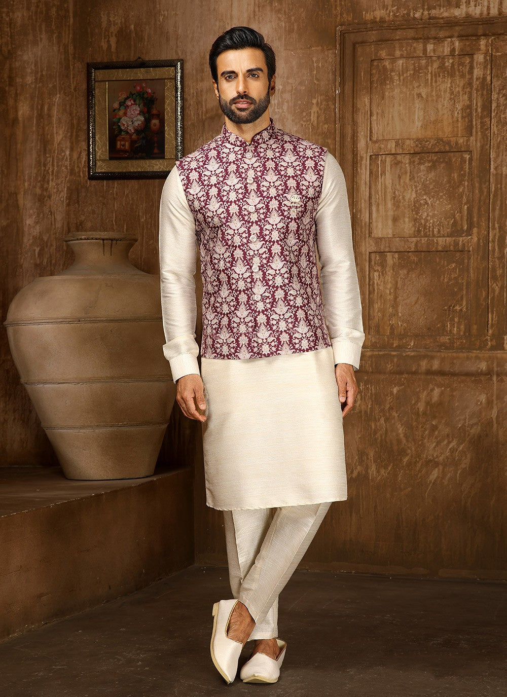 Digital Print Fancy Fabric Cream, Pink Kurta Payjama With Jacket - M4256