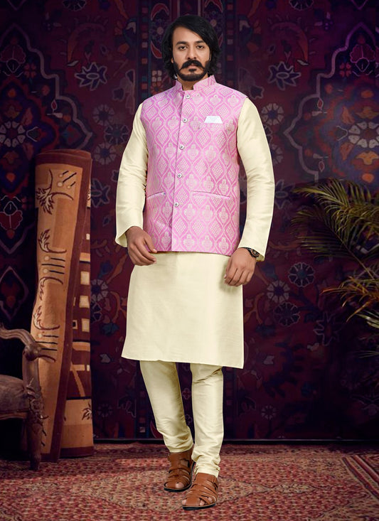 Fancy Work Art Silk, Jacquard Cream, Pink Kurta Payjama With Jacket - M4016