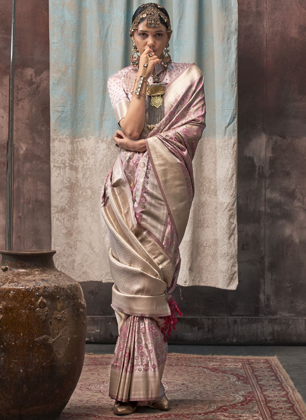 Classic Weaving Zari Satin Pink Saree - S10667