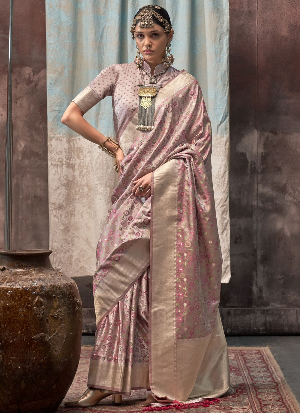 Classic Weaving Zari Satin Pink Saree - S10667