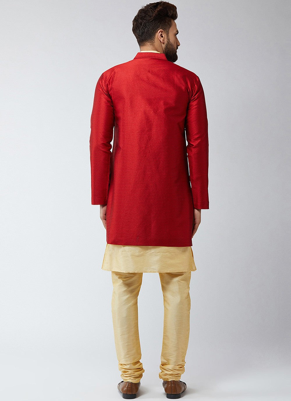 Plain Dupion Silk Cream, Red Indo Western - M2429