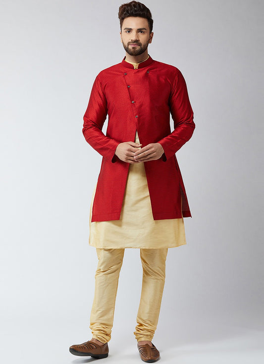 Plain Dupion Silk Cream, Red Indo Western - M2429