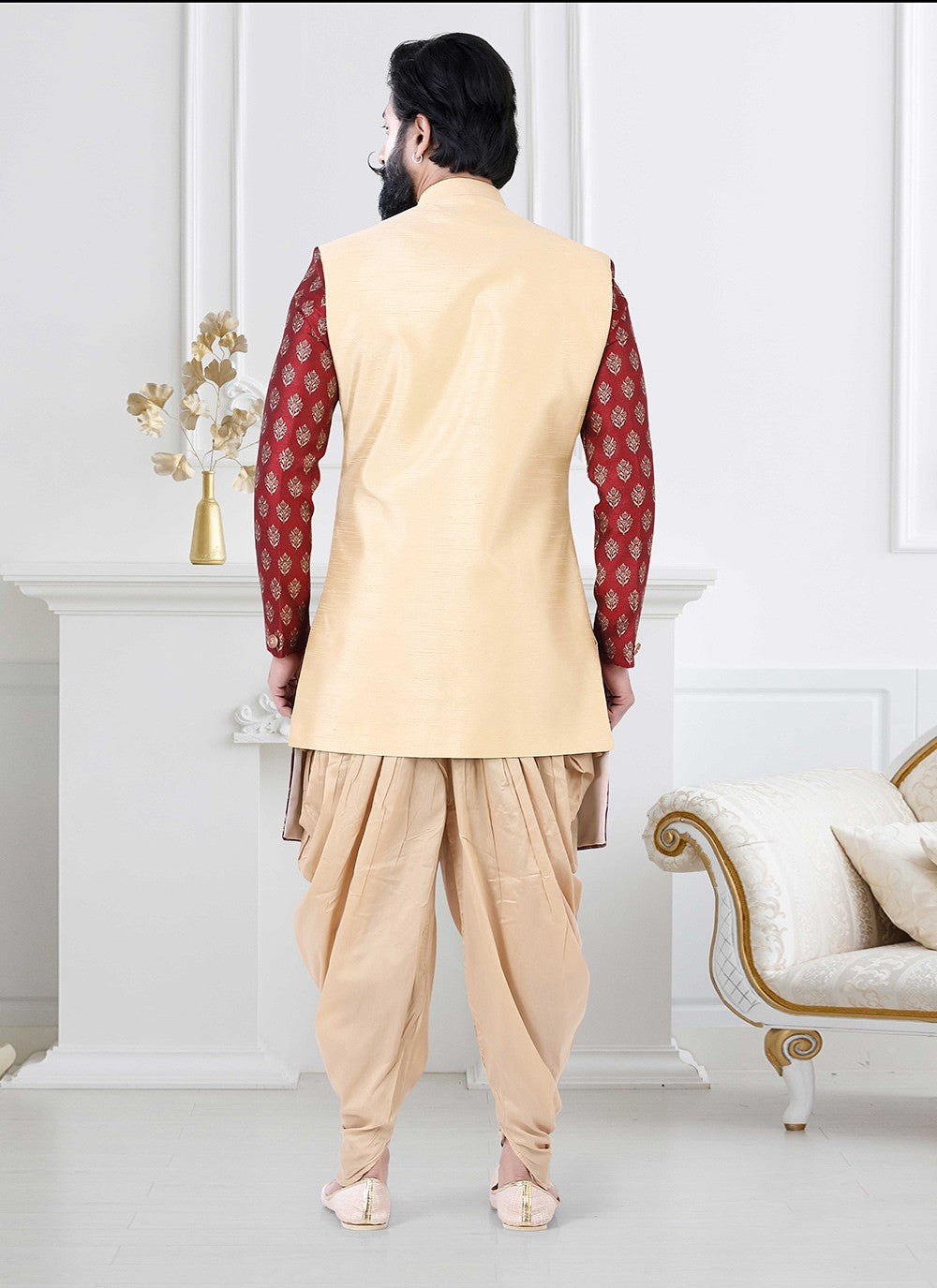 Embroidered Jacquard, Silk Cream, Red Indo Western - M4190