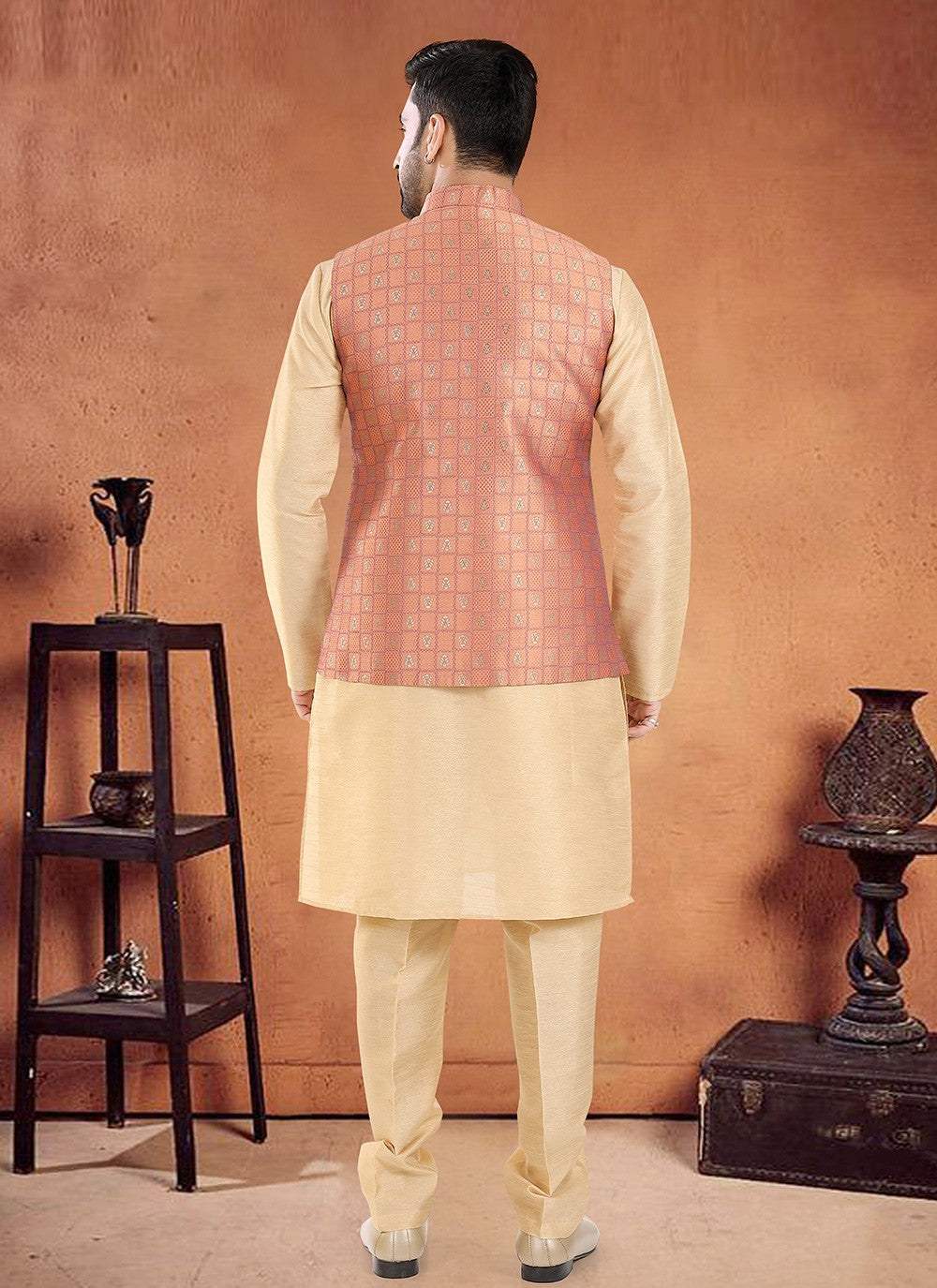 Embroidered Silk Cream, Rust Kurta Payjama With Jacket - M8129