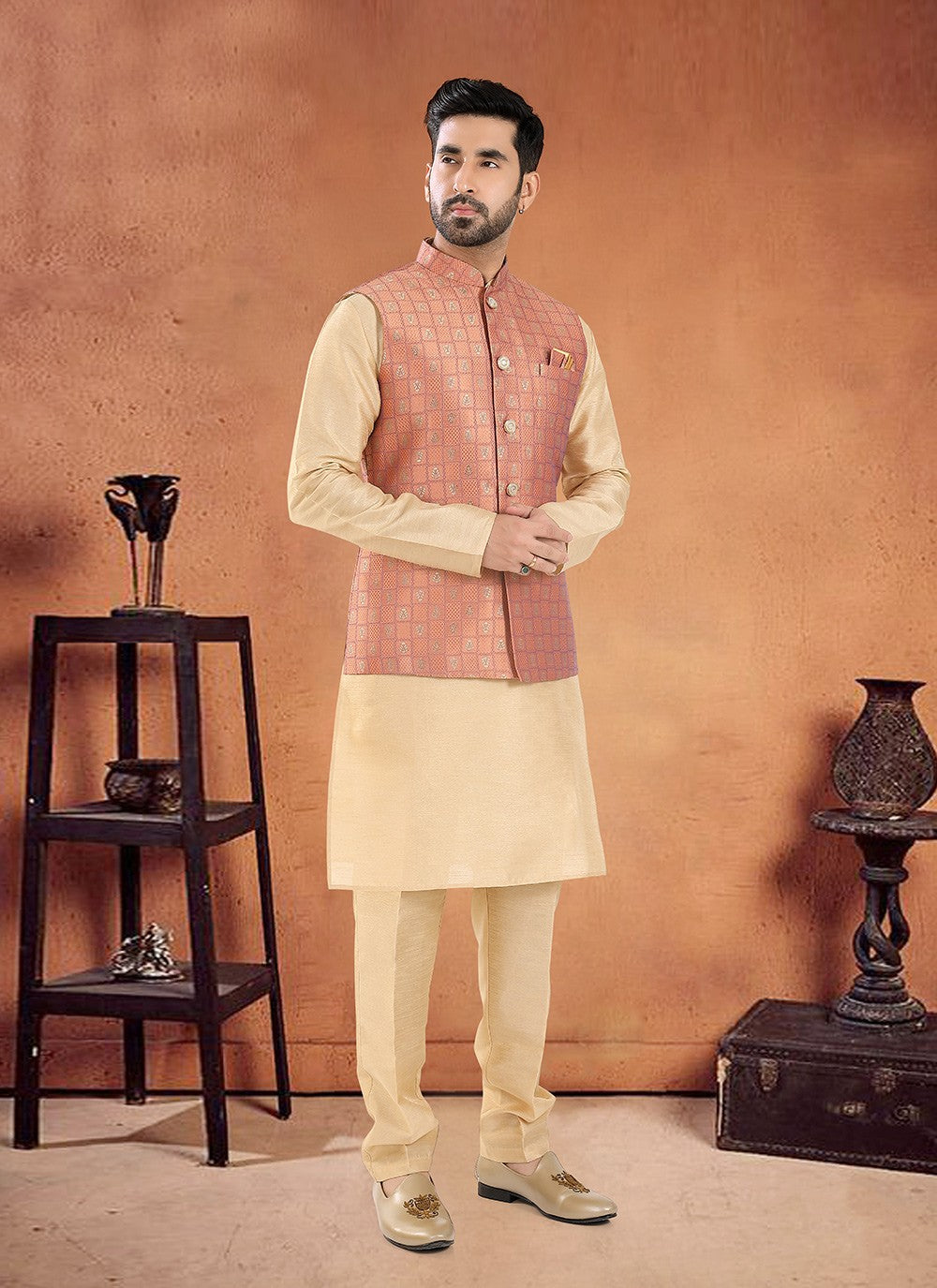 Embroidered Silk Cream, Rust Kurta Payjama With Jacket - M8129