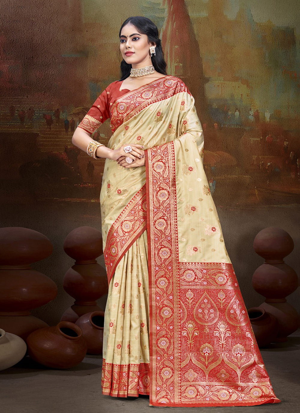 Trendy Weaving Zari Silk Cream, Purple Saree - S11027