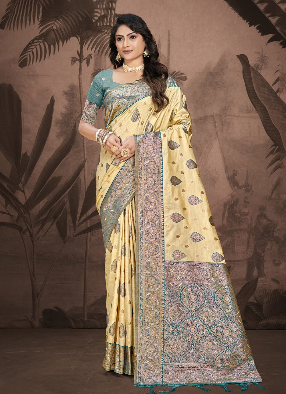 Contemporary Weaving Zari Silk Cream, Green Saree - S11119