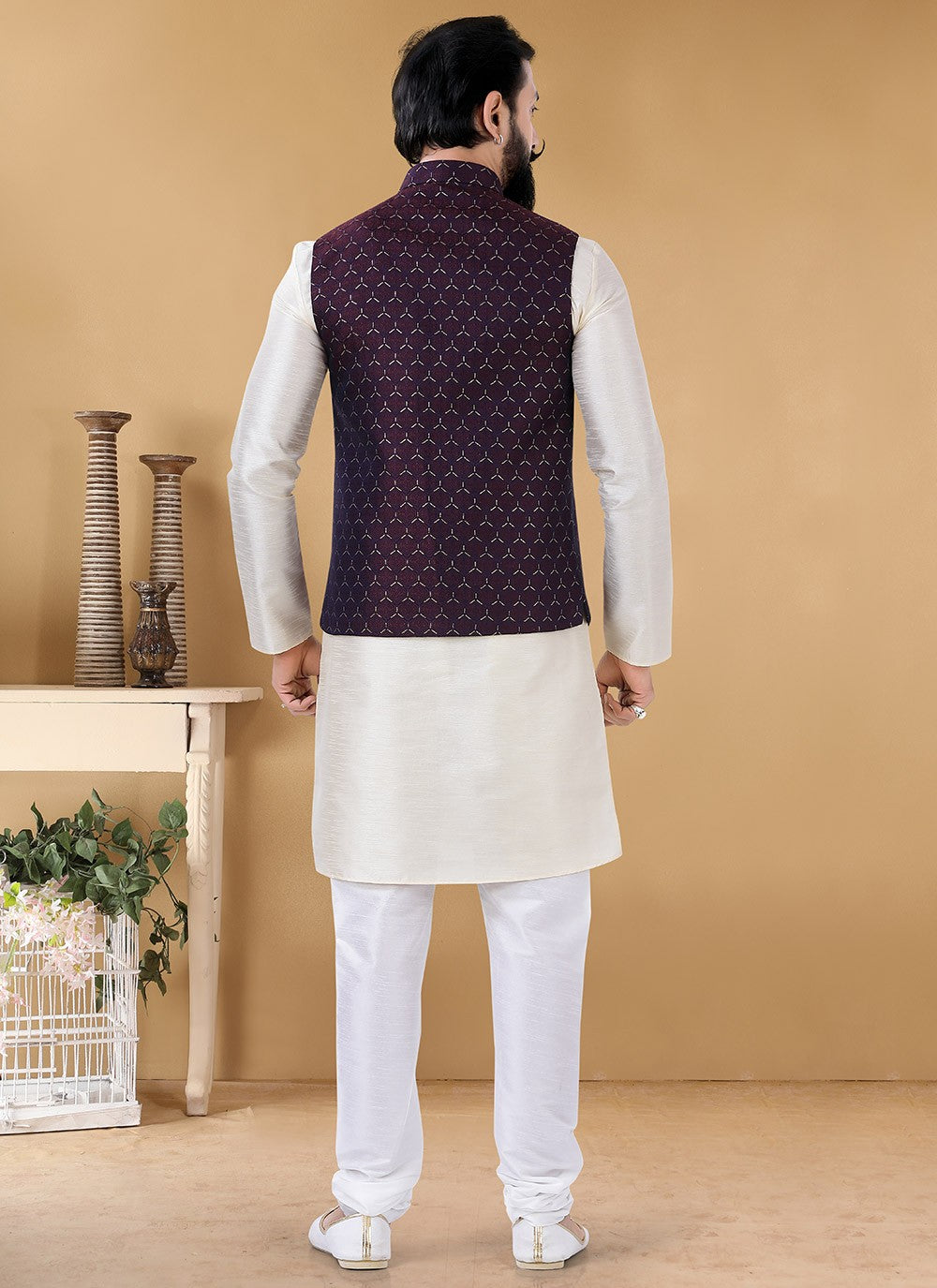 Woven Jacquard, Silk Cream, Violet Kurta Payjama With Jacket - M3137