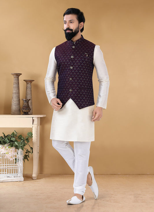 Woven Jacquard, Silk Cream, Violet Kurta Payjama With Jacket - M3137