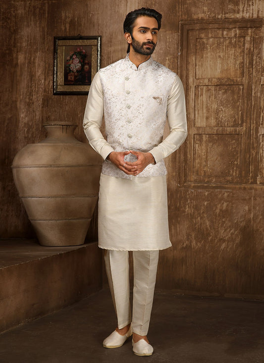 Embroidered Jacquard Cream, White Kurta Payjama With Jacket - M4281