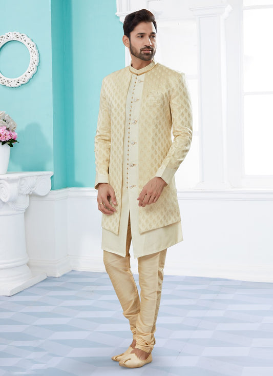 Thread Banarasi Jacquard Cream, Yellow Indo Western Sherwani - M3934