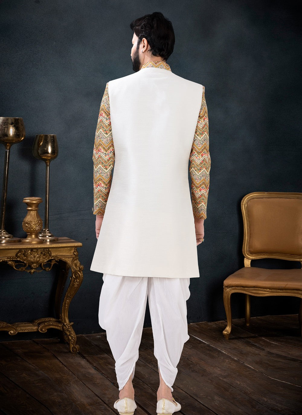 Sequins Silk Cream, Yellow Indo Western Sherwani - M4436