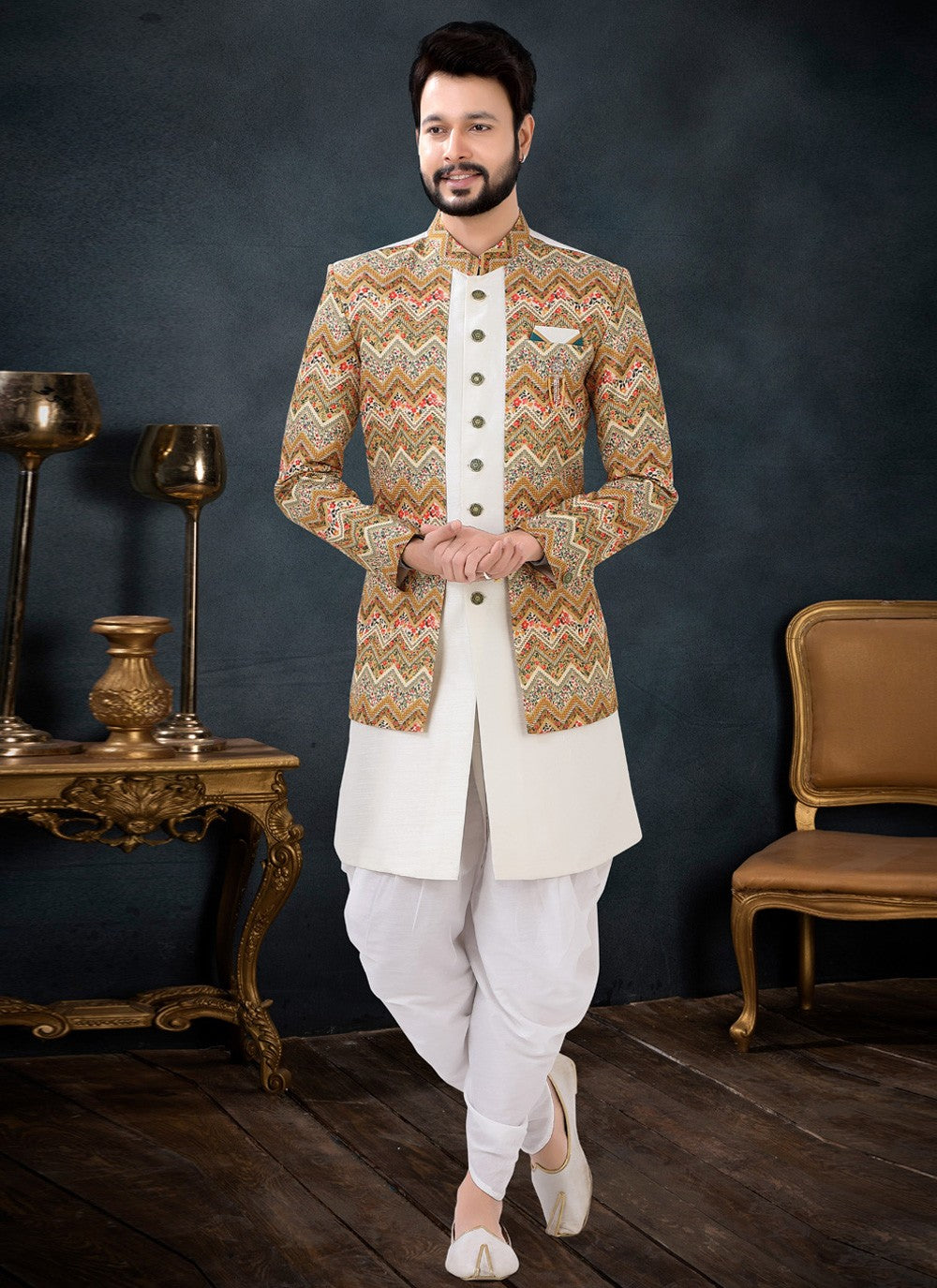 Sequins Silk Cream, Yellow Indo Western Sherwani - M4436