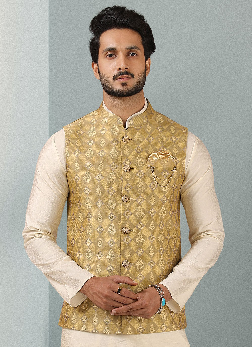 Embroidered Banarasi Silk, Jacquard Cream, Yellow Kurta Payjama With Jacket - M3128