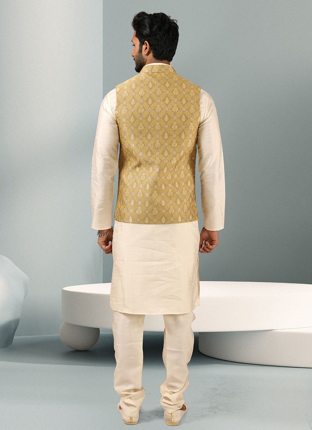 Embroidered Banarasi Silk, Jacquard Cream, Yellow Kurta Payjama With Jacket - M3128