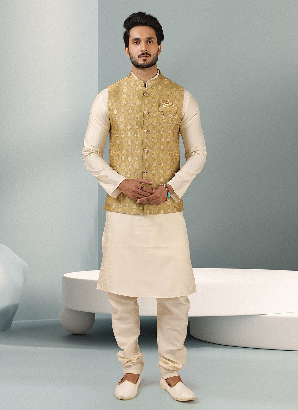 Embroidered Banarasi Silk, Jacquard Cream, Yellow Kurta Payjama With Jacket - M3128