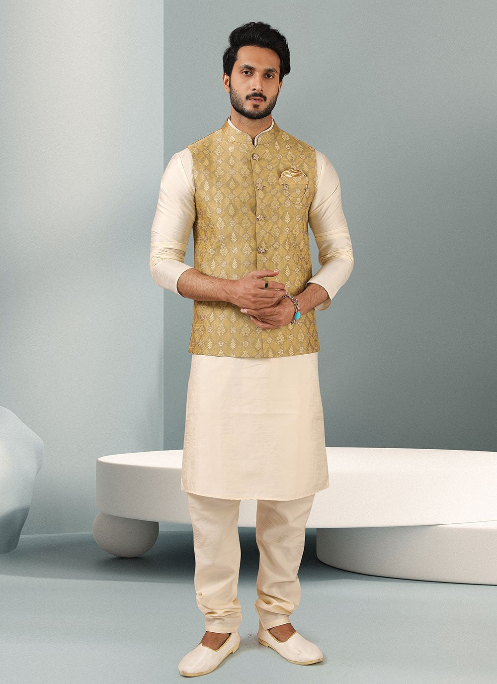 Embroidered Banarasi Silk, Jacquard Cream, Yellow Kurta Payjama With Jacket - M3128