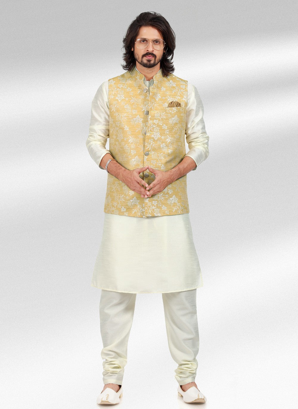 Fancy Work Banarasi Jacquard Cream, Yellow Kurta Payjama With Jacket - M4594