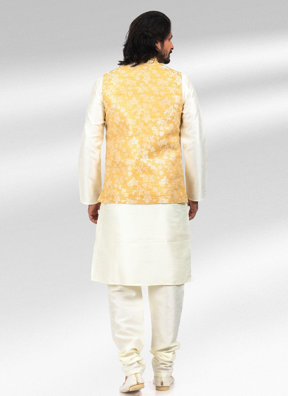 Fancy Work Banarasi Jacquard Cream, Yellow Kurta Payjama With Jacket - M4594